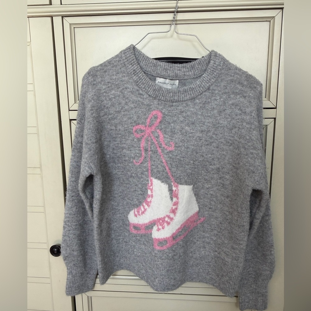 Sincerely Jules Gray Sweater with Pink and White Ice Skate Design